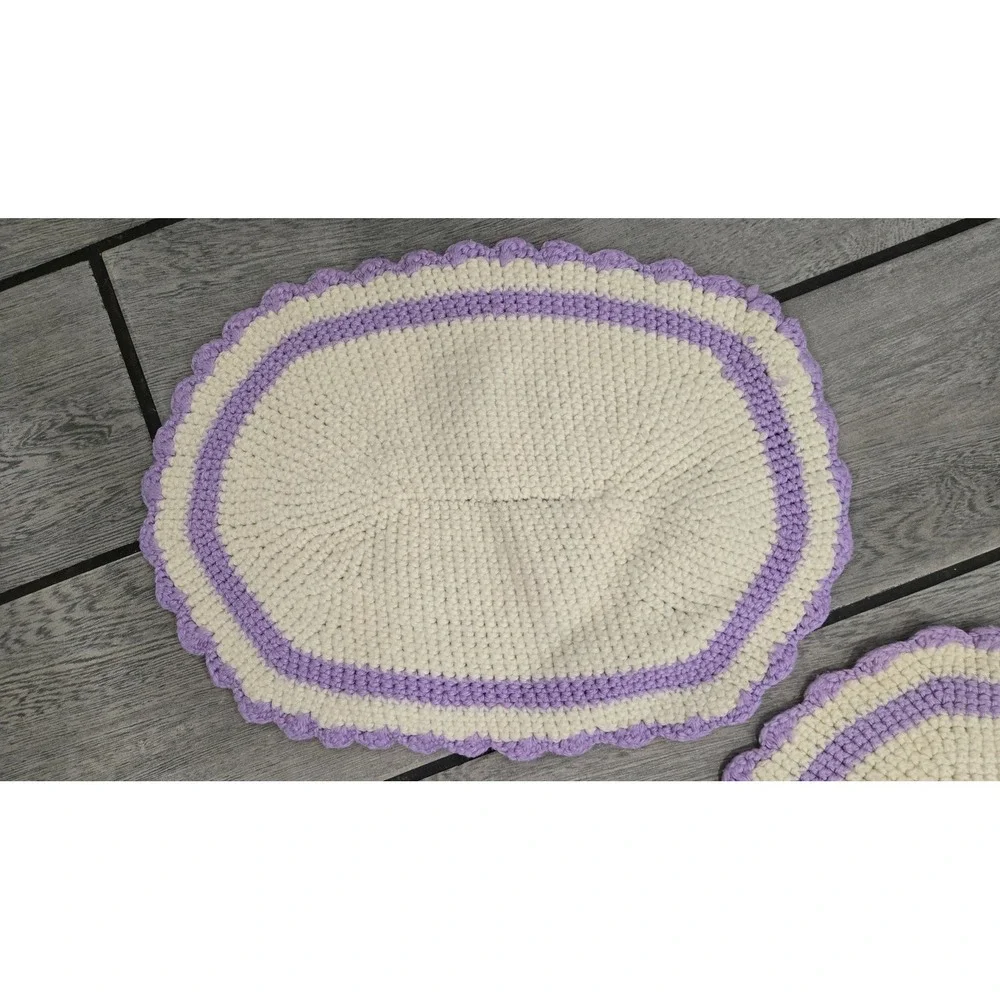 Vintage Handmade Crochet Oval Placemats Set of 6 Cream Lavender Scalloped Edge